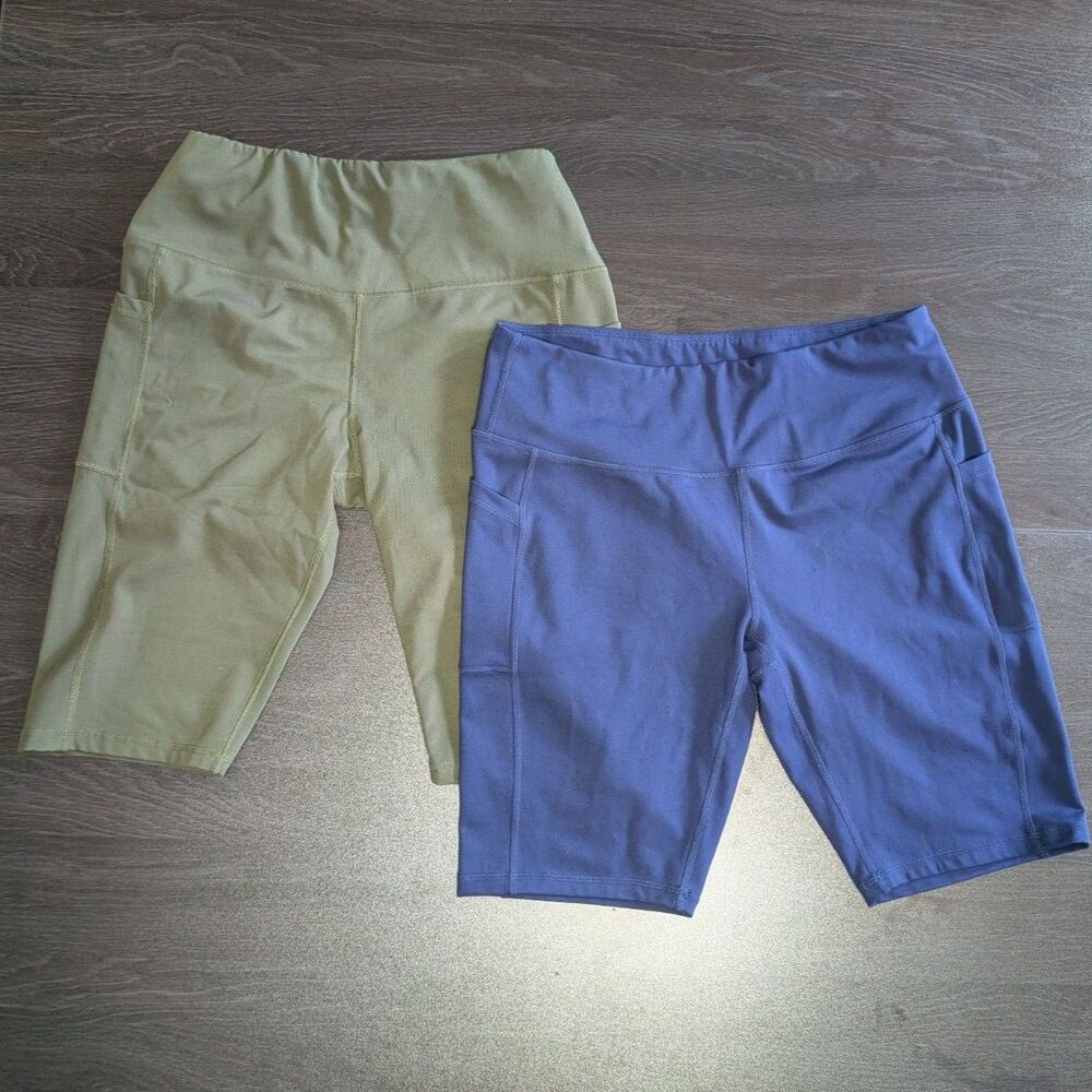 Women’s High Waisted Biker Shorts Bundle | Green & Navy Blue Activewear Shorts